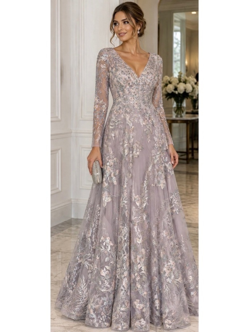 Mac Duggal Vintage Lilac Embroidered Beaded Long Sleeve A-Line Gown Size 4 NWT
